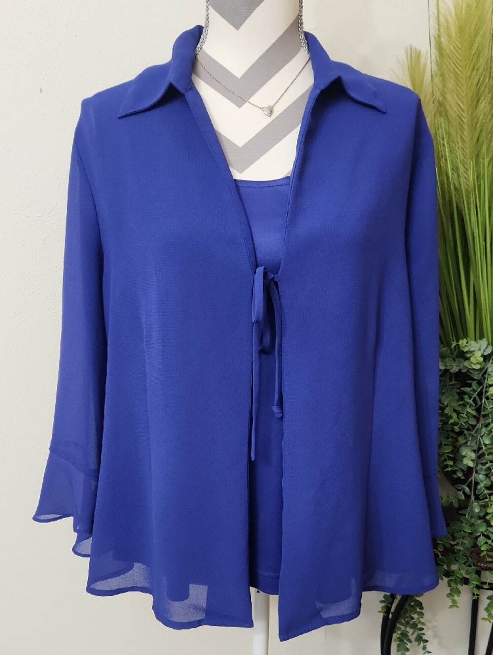 Cato Royal Blue Tie-Front Layered Collar Tunic 2 Piece